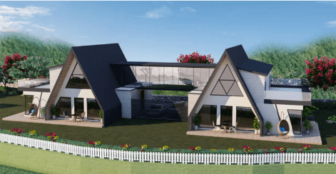 Architectural render of A-frame farm house villas, Kotli Sattian