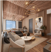 Farm house living room interior with timber ceiling and modern furnishings