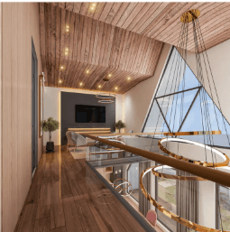 Farm house mezzanine loft with timber ceiling and triangular feature window