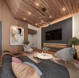 Farm house lounge with feature TV wall and timber-clad ceiling