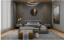 Modern farm house bedroom interior with feature lighting