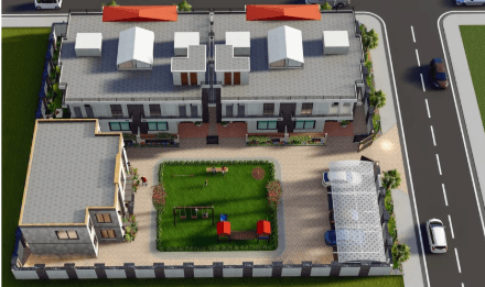 Aerial view of residential block with courtyard, Mirpur