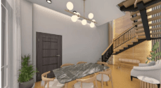 Villa dining area with feature staircase