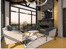 Villa lounge interior with floor-to-ceiling windows